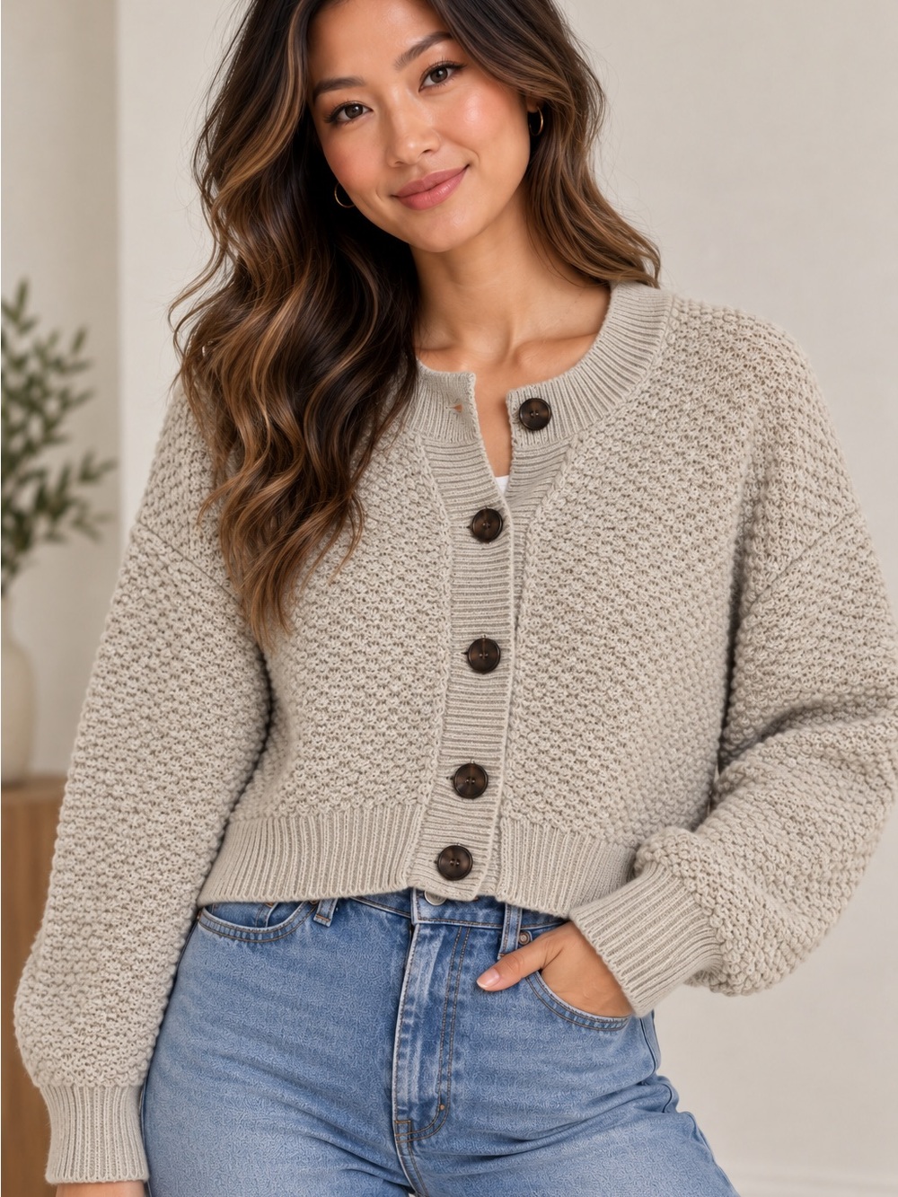 Women's Chunky Button-Up Cardigan Sweater - Beige